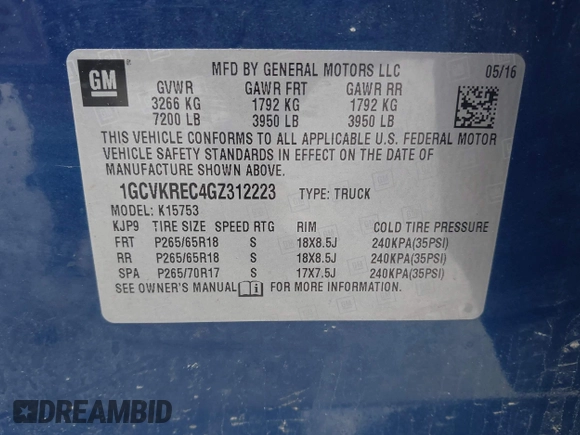 2016 Chevrolet Silverado 1500 LT with VIN 1GCVKREC4GZ312223, listed as a IAAI auction lot 42047809 with 35,088 mi miles. Bid and sale history available at carsss.com. Image 9.