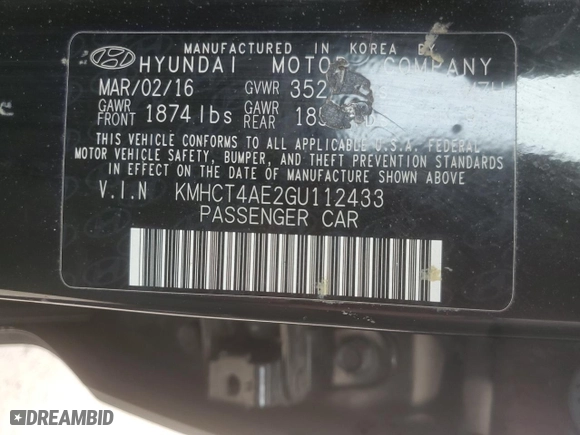 2016 Hyundai Accent SE with VIN KMHCT4AE2GU112433, listed as a Copart auction lot 54201725 with 117,730 mi miles and Clean Title. Bid and sale history available at carsss.com. Image 12.