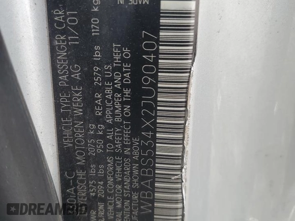 2002 BMW 3 Series 330Ci with VIN WBABS534X2JU90407, listed as a Copart auction lot 48411835 with 124,157 mi miles and Salvage Title. Bid and sale history available at DreamBid. Image 12.