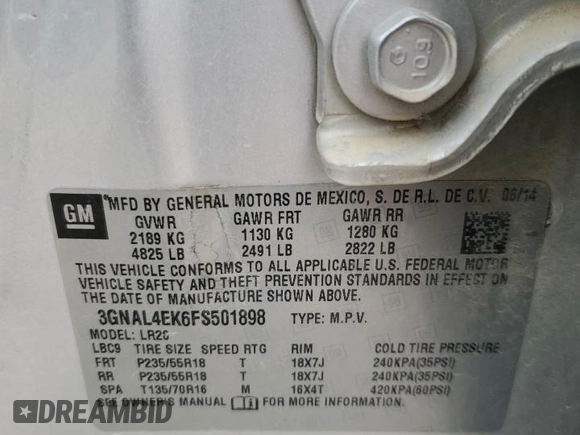2015 Chevrolet Captiva Sport LTZ with VIN 3GNAL4EK6FS501898, listed as a Copart auction lot 68293794 with 102,095 mi miles and Salvage Title. Bid and sale history available at DreamBid. Image 13.