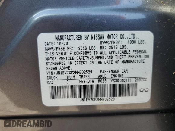 2021 Infiniti Q50 Sensory with VIN JN1EV7CPXMM702529, listed as a Copart auction lot 54551295 with Not provided miles and Salvage title. Bid and sale history available at DreamBid. Image 12.
