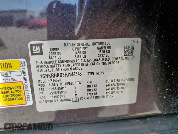 2015 Chevrolet Traverse LT z VIN 1GNKRHKD3FJ144343, wystawiony jako Copart lot #57354265 z przebiegiem 46 761 mil mil oraz Szkoda całkowita • Salvage title. Historia ofert i sprzedaży dostępna na DreamBid. Obrazek 13.