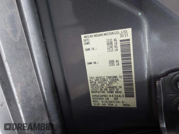 2014 Nissan Maxima SV with VIN 1N4AA5AP6EC443663, listed as a IAAI auction lot 41927687 with Not Provided miles and . Bid and sale history available at DreamBid. Image 9.