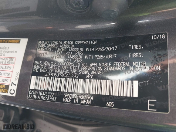 2019 Toyota 4Runner SR5 with VIN JTEBU5JR7K5632342, listed as a IAAI auction lot 41127797 with 88,036 mi miles. Bid and sale history available at carsss.com. Image 9.