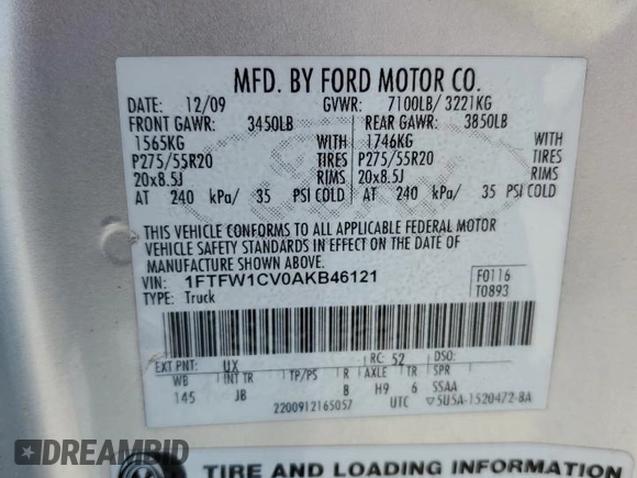 2010 Ford F-150 XL with VIN 1FTFW1CV0AKB46121, listed as a Copart auction lot 52794085 with 182,859 mi miles and Salvage Title. Bid and sale history available at carsss.com. Image 12.