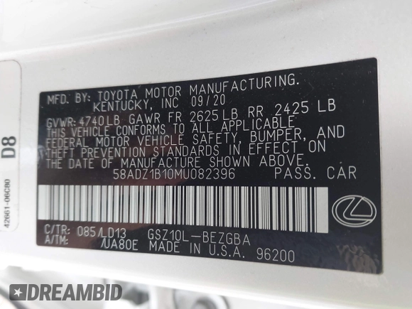 2021 Lexus ES 350 with VIN 58ADZ1B10MU082396, listed as a IAAI auction lot 42045686 with 36,208 mi miles and . Bid and sale history available at DreamBid. Image 9.