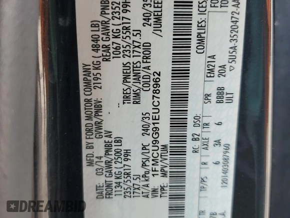 2014 Ford Escape SE z VIN 1FMCU9G91EUC78962, wystawiony jako Copart lot #60672435 z przebiegiem 178 050 mil mil oraz Szkoda całkowita • Salvage title. Historia ofert i sprzedaży dostępna na DreamBid. Obrazek 13.
