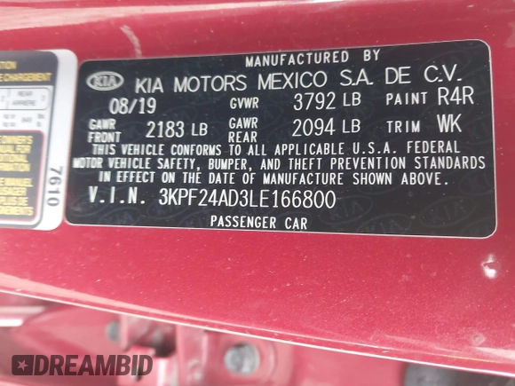2020 Kia Forte LXS with VIN 3KPF24AD3LE166800, listed as a IAAI auction lot 42042712 with 84,579 mi miles and . Bid and sale history available at carsss.com. Image 9.