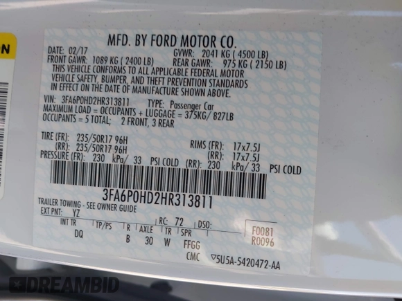 2017 Ford Fusion SE с VIN 3FA6P0HD2HR313811, выставлен на аукционе IAAI как лот 42460885 с пробегом 170 591 миль миль и . История ставок и продаж доступна на DreamBid. Изображение 9.