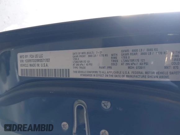 2021 Ram 1500 Warlock with VIN 1C6RR7GG9MS571707, listed as a IAAI auction lot 42218509 with 64,539 mi miles and . Bid and sale history available at DreamBid. Image 9.