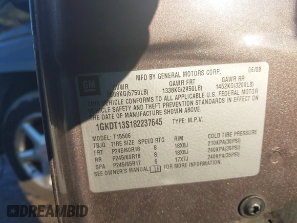 2008 GMC Envoy SLE2 with VIN 1GKDT13S182237645, listed as a IAAI auction lot 41454212 with 195,483 mi miles. Bid and sale history available at carsss.com. Image 9.