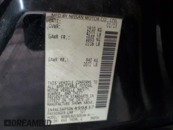2013 Nissan Altima S with VIN 1N4AL3AP5DN499837, listed as a Copart auction lot 47750355 with 190,633 mi miles and Salvage Title. Bid and sale history available at carsss.com. Image 14.