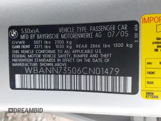 2006 BMW 5 Series 530xi with VIN WBANN73506CN01479, listed as a IAAI auction lot 40933082 with 200,464 mi miles and . Bid and sale history available at carsss.com. Image 9.