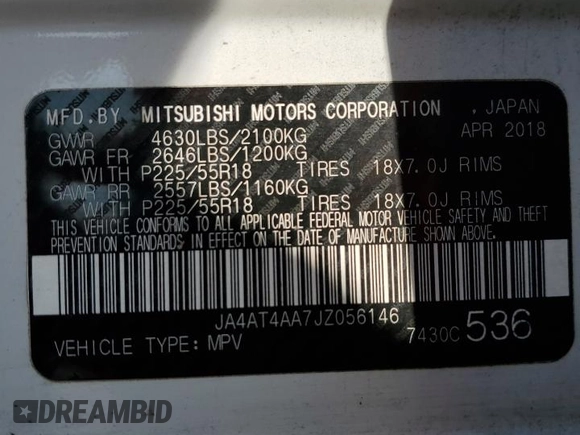 2018 Mitsubishi Eclipse Cross LE z VIN JA4AT4AA7JZ056146, wystawiony jako Copart lot #48688025 z przebiegiem 85 528 mil mil oraz Szkoda całkowita • Salvage title. Historia ofert i sprzedaży dostępna na DreamBid. Obrazek 13.