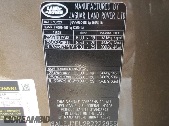 2024 Land Rover Defender S with VIN SALEJ7EU2R2272955, listed as a Copart auction lot 66796994 with 9,079 mi miles and Salvage title. Bid and sale history available at DreamBid. Image 13.