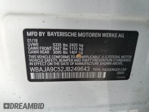 2018 BMW 5 Series 530e with VIN WBAJA9C52JB249643, listed as a Copart auction lot 43581825 with 91,561 mi miles and Salvage title. Bid and sale history available at DreamBid. Image 14.