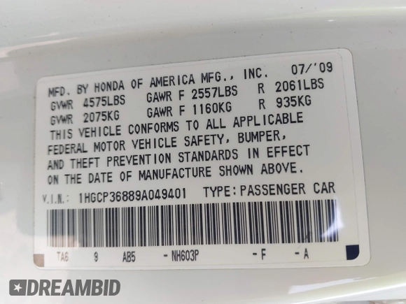 2009 Honda Accord EX-L with VIN 1HGCP36889A049401, listed as a IAAI auction lot 41241557 with 123,990 mi miles and . Bid and sale history available at DreamBid. Image 9.