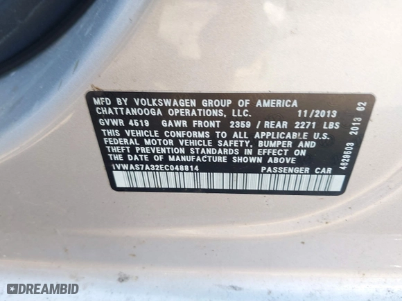 2014 Volkswagen Passat Wolfsburg Ed with VIN 1VWAS7A32EC048814, listed as a IAAI auction lot 41858198 with 112,436 mi miles. Bid and sale history available at carsss.com. Image 9.