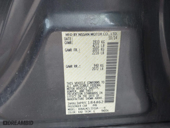 2015 Nissan Altima 2.5 S with VIN 1N4AL3AP4FC184462, listed as a IAAI auction lot 41185080 with 127,660 mi miles. Bid and sale history available at carsss.com. Image 9.