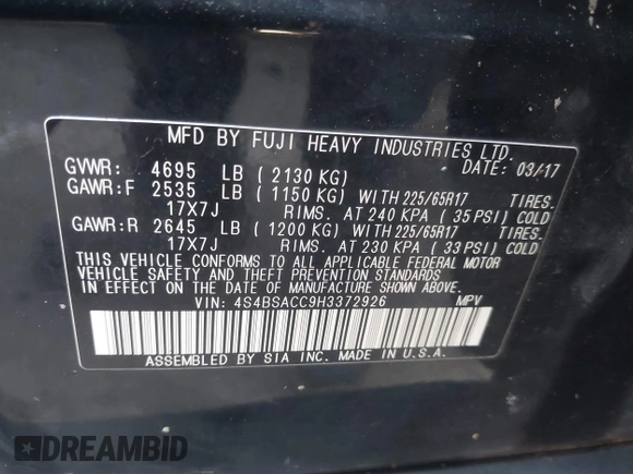 2017 Subaru Outback Premium with VIN 4S4BSACC9H3372926, listed as a IAAI auction lot 42532074 with 205,657 mi miles and . Bid and sale history available at DreamBid. Image 9.
