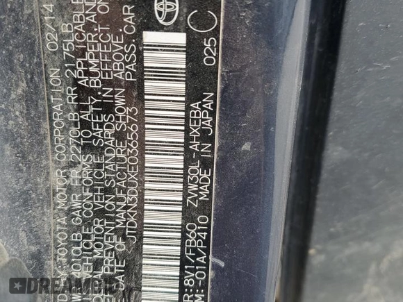 2014 Toyota Prius Four with VIN JTDKN3DUXE0365673, listed as a Copart auction lot 58822365 with 276,390 mi miles and Salvage title. Bid and sale history available at DreamBid. Image 12.