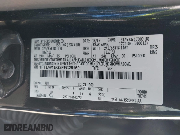 2015 Ford F-150 XLT with VIN 1FTEW1EG2FFC26160, listed as a IAAI auction lot 42288620 with 177,784 mi miles and . Bid and sale history available at DreamBid. Image 9.