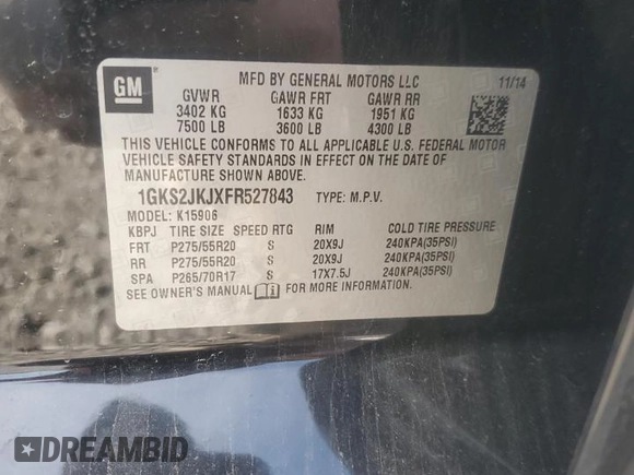 2015 GMC Yukon XL Denali with VIN 1GKS2JKJXFR527843, listed as a Copart auction lot 54159785 with 128,603 mi miles and Clean Title. Bid and sale history available at carsss.com. Image 14.