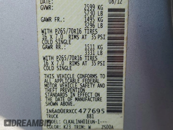 2012 Nissan Frontier SV z VIN 1N6AD0ERXCC477695, wystawiony jako Copart lot #56377185 z przebiegiem 152 497 mil mil oraz Szkoda całkowita • Salvage title. Historia ofert i sprzedaży dostępna na DreamBid. Obrazek 12.