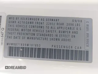 2009 Volkswagen Rabbit S with VIN WVWBB71K09W101853, listed as a IAAI auction lot 41658313 with 83,221 mi miles. Bid and sale history available at carsss.com. Image 9.