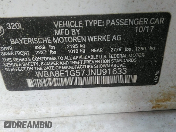 2018 BMW 3 Series 320i with VIN WBA8E1G57JNU91633, listed as a IAAI auction lot 42065119 with 55,062 mi miles. Bid and sale history available at carsss.com. Image 9.