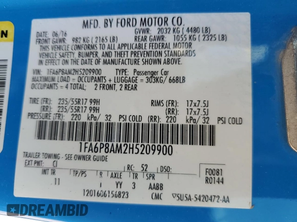 2017 Ford Mustang V6 with VIN 1FA6P8AM2H5209900, listed as a Copart auction lot 60493055 with 93,160 mi miles and Salvage title. Bid and sale history available at DreamBid. Image 12.