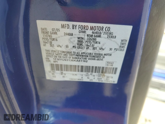 2006 Ford Escape XLT with VIN 1FMYU93136KA51162, listed as a Copart auction lot 52239385 with 227,666 mi miles and Salvage title. Bid and sale history available at DreamBid. Image 15.