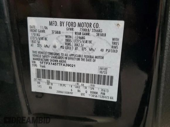 2007 Ford F-150 XLT with VIN 1FTPX14577FA39021, listed as a Copart auction lot 62086675 with 109,220 mi miles and Clean title. Bid and sale history available at DreamBid. Image 13.