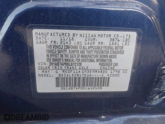 2019 Nissan Sentra SV with VIN 3N1AB7AP0KL612128, listed as a IAAI auction lot 40294406 with Not Provided miles and . Bid and sale history available at DreamBid. Image 9.