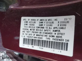2017 Honda Accord Sedan Sport SE with VIN 1HGCR2F18HA189681, listed as a IAAI auction lot 41789772 with 1 mi miles. Bid and sale history available at carsss.com. Image 9.