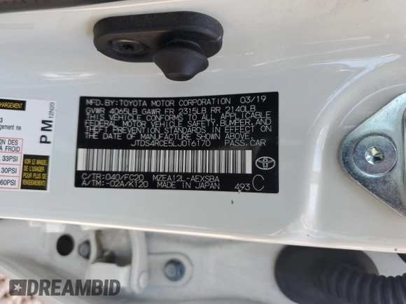 2020 Toyota Corolla SE with VIN JTDS4RCE5LJ016170, listed as a Copart auction lot 50969895 with 58,383 mi miles and Salvage Title. Bid and sale history available at DreamBid. Image 13.