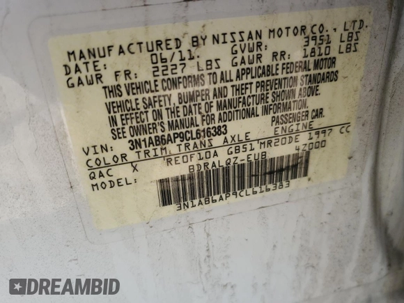 2012 Nissan Sentra S with VIN 3N1AB6AP9CL616383, listed as a Copart auction lot 51924265 with 168,147 mi miles and Salvage Title. Bid and sale history available at DreamBid. Image 12.