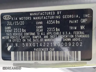 2021 Kia K5 LXS with VIN 5XXG14J21MG009202, listed as a IAAI auction lot 41533433 with 65,367 mi miles. Bid and sale history available at carsss.com. Image 9.
