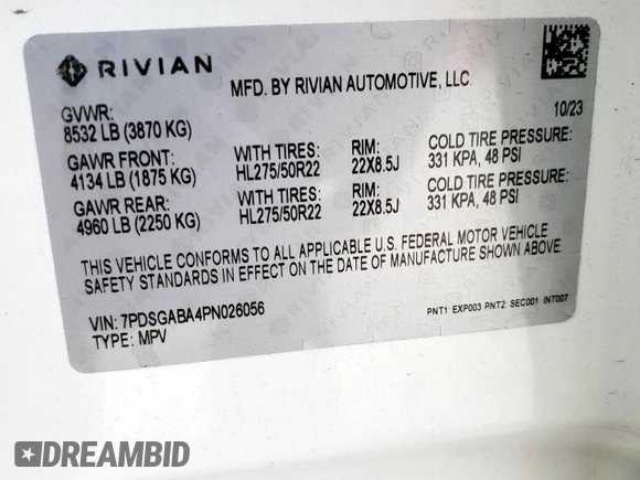 2023 Rivian R1S Adventure z VIN 7PDSGABA4PN026056, wystawiony jako Copart lot #56892495 z przebiegiem Nie podano mil oraz Szkoda całkowita • Salvage title. Historia ofert i sprzedaży dostępna na DreamBid. Obrazek 13.
