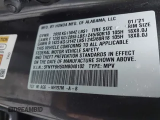 2021 Honda Pilot EX-L with VIN 5FNYF6H5XMB048102, listed as a IAAI auction lot 42346372 with 45,042 mi miles and . Bid and sale history available at DreamBid. Image 9.