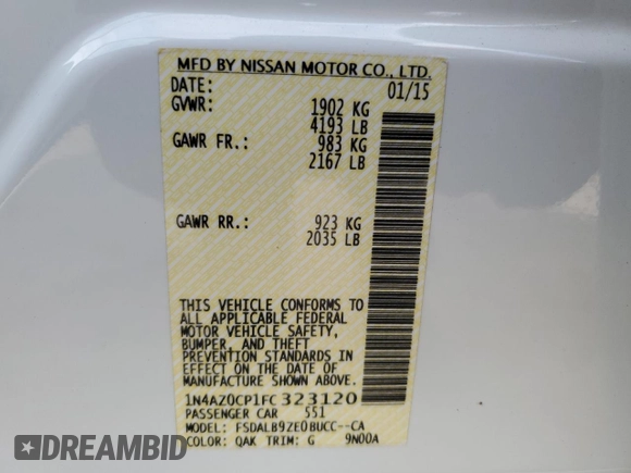 2015 Nissan LEAF SV with VIN 1N4AZ0CP1FC323120, listed as a Copart auction lot 50378055 with 26,612 mi miles and Salvage Title. Bid and sale history available at carsss.com. Image 12.