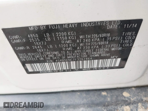 2015 Subaru Outback Limited with VIN 4S4BSENC7F3267464, listed as a IAAI auction lot 42516776 with 165,197 mi miles and . Bid and sale history available at DreamBid. Image 9.