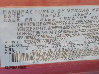 2021 Nissan Sentra SV with VIN 3N1AB8CV7MY280194, listed as a IAAI auction lot 41887920 with 53,741 mi miles. Bid and sale history available at carsss.com. Image 7.