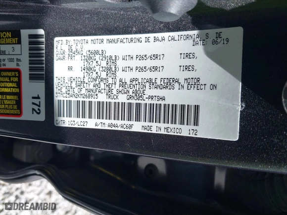 2019 Toyota Tacoma 4WD SR with VIN 3TMCZ5AN2KM268915, listed as a IAAI auction lot 41696555 with 33,573 mi miles. Bid and sale history available at carsss.com. Image 9.