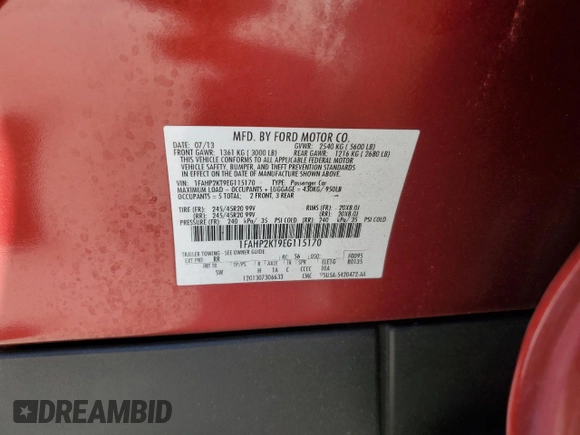2014 Ford Taurus SHO with VIN 1FAHP2KT9EG115170, listed as a Copart auction lot 61203645 with 106,740 mi miles and Salvage title. Bid and sale history available at DreamBid. Image 12.