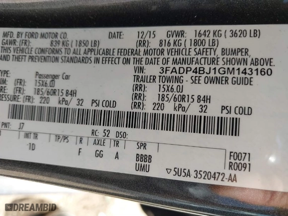 2016 Ford Fiesta SE with VIN 3FADP4BJ1GM143160, listed as a IAAI auction lot 41789400 with 96,908 mi miles. Bid and sale history available at carsss.com. Image 9.
