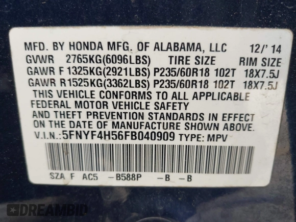 2015 Honda Pilot EX-L with VIN 5FNYF4H56FB040909, listed as a IAAI auction lot 42028609 with 267,375 mi miles and . Bid and sale history available at carsss.com. Image 9.