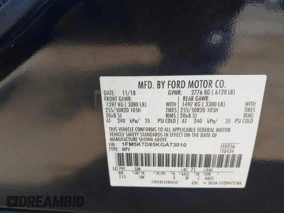 2019 Ford Explorer XLT z VIN 1FM5K7D85KGA73010, wystawiony jako IAAI lot #42397982 z przebiegiem 80 885 mil mil oraz . Historia ofert i sprzedaży dostępna na DreamBid. Obrazek 9.