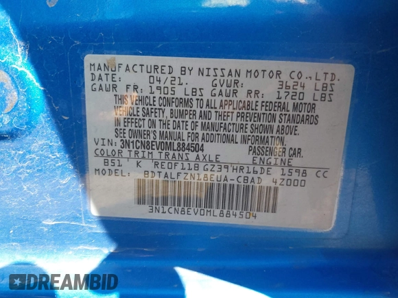 2021 Nissan Versa SV with VIN 3N1CN8EV0ML884504, listed as a IAAI auction lot 42044546 with 110,750 mi miles. Bid and sale history available at carsss.com. Image 9.
