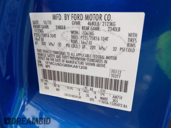 2011 Ford Escape XLT with VIN 1FMCU9DG8BKA61208, listed as a IAAI auction lot 42513500 with 86,802 mi miles and . Bid and sale history available at DreamBid. Image 9.